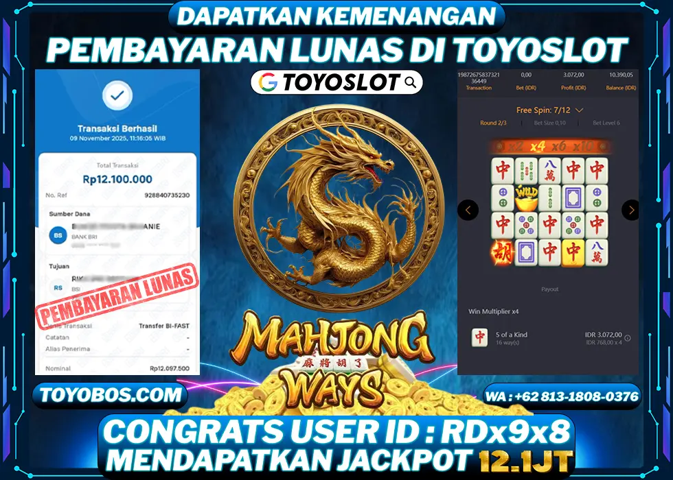 TOYOSLOT - BUKTI KEMENANGAN Mahjong Ways Rp12,100,000,- LUNAS